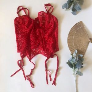 Vintage Mara Sheer Red Lace Corset Bustier with Garter Attachments